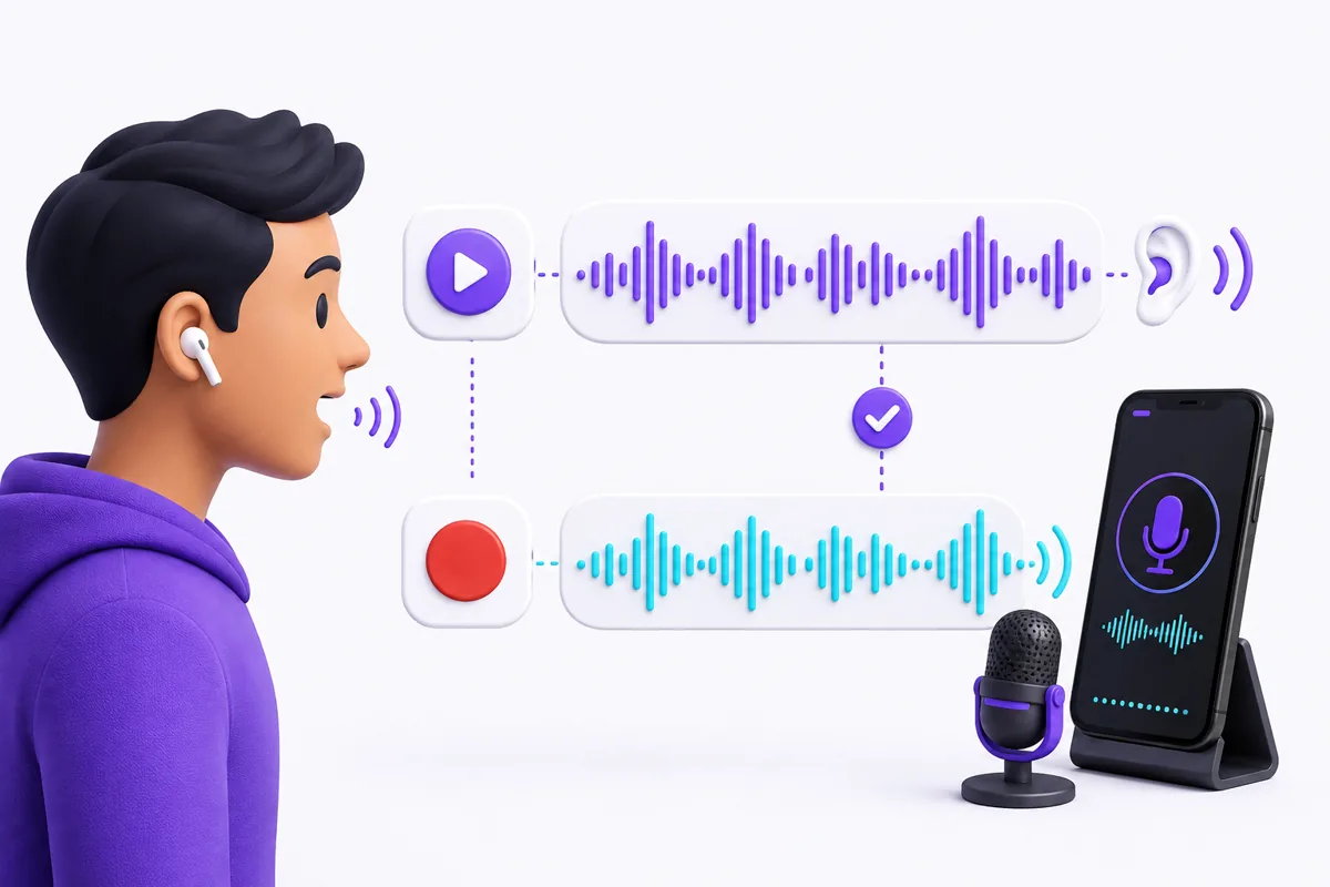 A learner comparing model audio with their own pronunciation