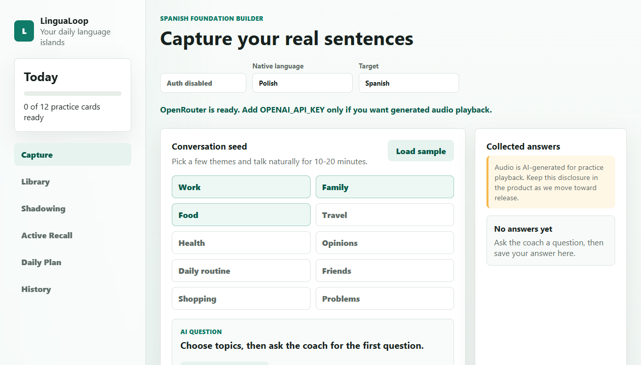 LinguaLoop app interface showing language learning cards and practice tools